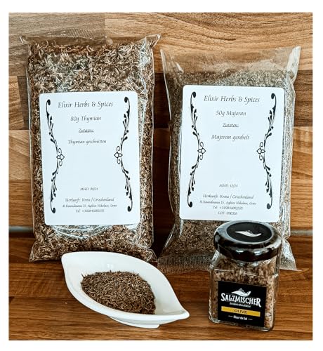 Kulinarisches Geschenkset Gewürzset 80g Thymian, 50g Majoran, 35g Olivensalz Elixir Herbs & Spices und Salzmischer #91